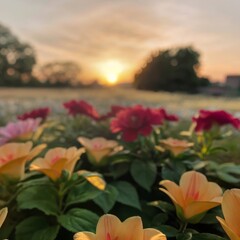 beauty roses and flowers in the garden with blurry background landscape, sunset photography