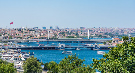 View of the Golden Horn with the Galata Bridge from Topkapi Palace in Istanbul, Turkey.