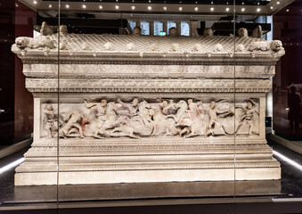 Sarcophagus of Alexander the Great at the Istanbul Archaeological Museum in Istanbul, Turkey.