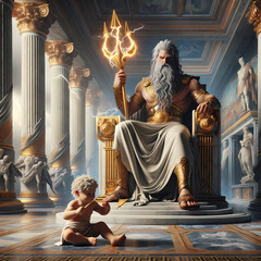 Zesu sitting on a thrown with a trident and baby Hercules playing - obrazy, fototapety, plakaty