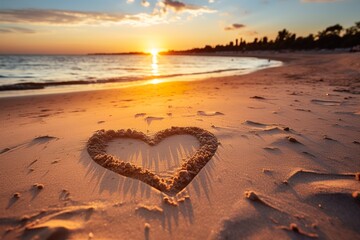 Hearts shape in the sand at the beach of sunset warm light.