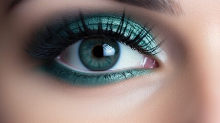A close up of a woman's eye with green makeup.