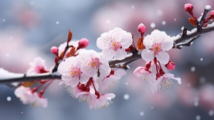 A close up of a flower on a tree branch., plum blossoms under snow.