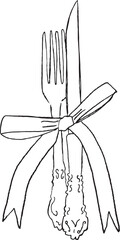 Ilustración vectorial de tenedor y cuchillo con lazo. Boceto de contorno en tendencia de cubiertos decorados
