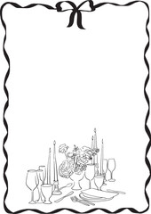 Plantilla de marco ondulado con lazo e ilustración de mesa con copas y velas. Marco minimalista estilo boceto. Ilustración en tendencia para invitación, menú, celebración, o evento social. 