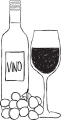 Ilustración vectorial de botella de vino con copa y uvas. Boceto de contorno de vino aislado en blanco