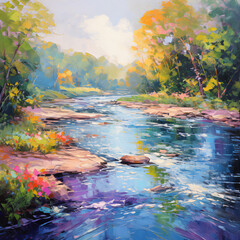 Impressionist Artwork: Vibrant River Landscape with Soft Edges