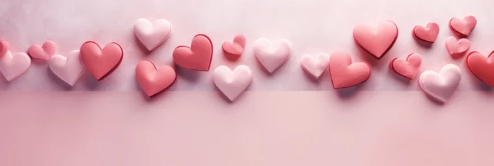 Foto auf Acrylglas A row of paper hearts on a pink background. Valentines day background with copy-space. © tilialucida