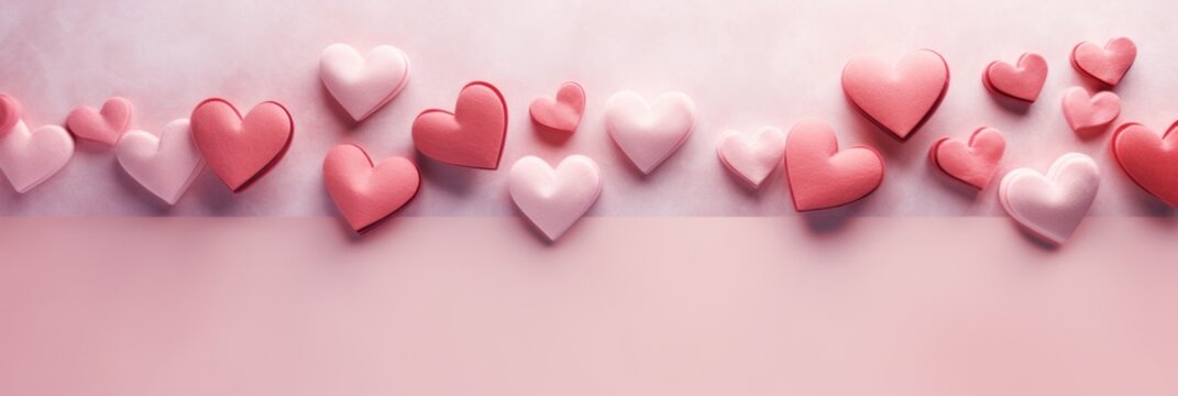 A row of paper hearts on a pink background. Valentines day background with copy-space.