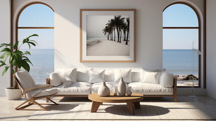 Beach house living room - white sofa -2  glass windows - blue skies - design and decor - ocean views - high end architecture 