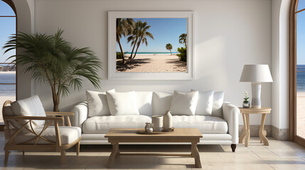 Beach house living room - white sofa - beach view  blue skies - design and decor - ocean views - high end architecture 