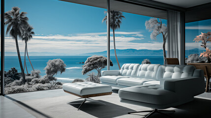 Fototapeta na wymiar Beach house living room - white sofa - glass windows - blue skies - design and decor - ocean views - high end architecture 