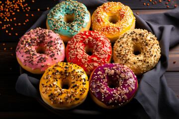 donuts with icing sugar, sprinkles on a plate against black background. 