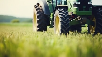 Farmer in tractor fertilizing wheat field 