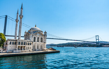 Otrakoy Mosque With Bosphorus Bridge in Istanbul, Turkey.