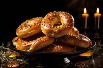buns, bagels with sesame and poppy seeds at a table against dark background