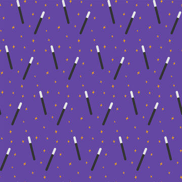 Seamless pattern of magic wand with decorative stars in trendy mystical shades. Concept for backdrop