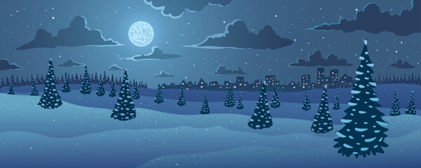 Vector illustration. Night town winter landscape. Trees, snowdrifts and moon. - 694157510