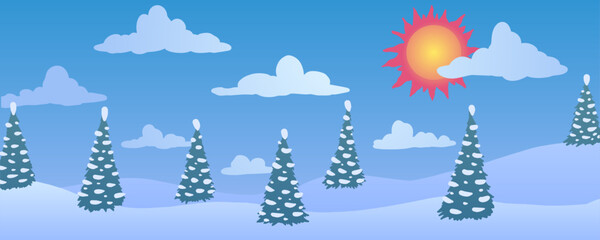 Vector illustration. Cartoon sun and clouds Christmas trees, ice and snow. - 694157513