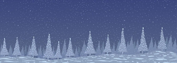 Vector illustration. Christmas trees, ice and snow. - 694157517