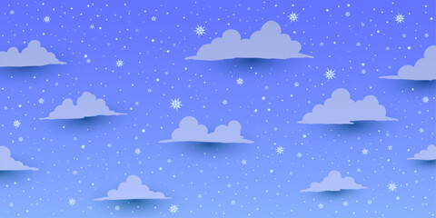 Vector blue background with clouds and snowflakes - 694157518