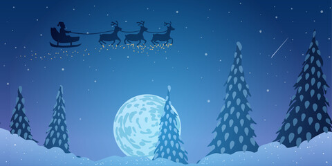 Vector illustration. Winter background. Santa Claus is flying on a reindeer sled. Full moon and trees. - 694157519