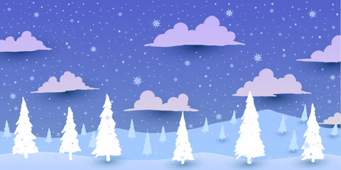 Vector illustration. Cartoon clouds Christmas trees, ice and snow. - 694157520