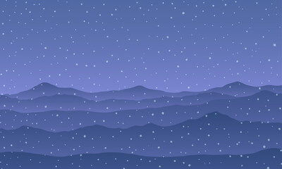 Vector illustration. Winter landscape. Blue background of falling snow and mountains. - 694157521