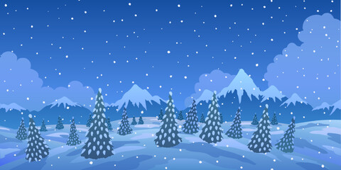 Vector illustration. Mountains landscape christmas trees, ice and snow.