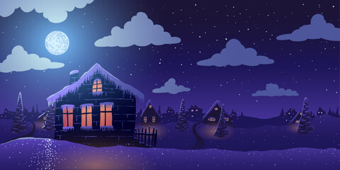 Vector illustration. Village Houses in snow full moon in clouds