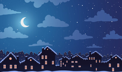 Vector illustration. Night town village in snow houses and moon among clouds - 694157529