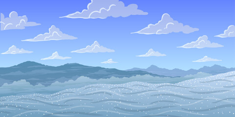 Vector illustration. Christmas winter mountains cartoon landscape - 694157531