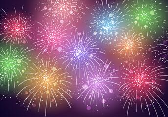 Vector multicolored fireworks on purple background. - 694157533