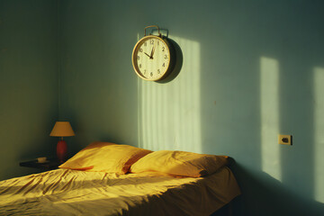 clock and alarm clock at a wall in sunny and cozy bedroom in home. Creative art