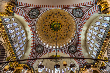 Suleymaniye Mosque Interior and Dome in Istanbul, Turkey.