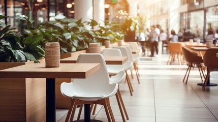 Fototapeta premium A row of white chairs sitting next to a wooden table.