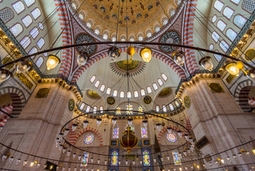 Suleymaniye Mosque Interior and Dome in Istanbul, Turkey.