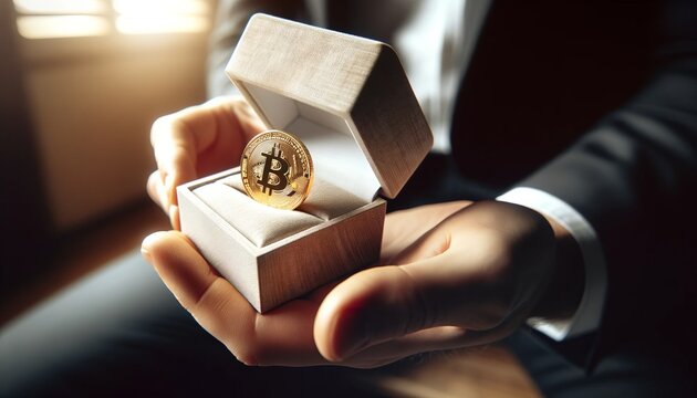 Close-up View Of A Hand Opening A Minimalistic Wedding Ring Box. Inside The Box, Instead Of A Traditional Wedding Ring, There Is A Prominently Larger Golden Bitcoin.