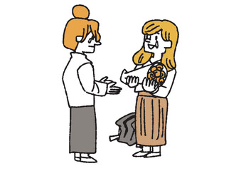 お別れの花束を友人に渡す女性　別れを惜しむ人々のイラスト