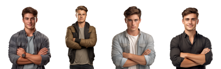 Collection of a young man standing with arms crossed facing the camera isolated on a transparent background