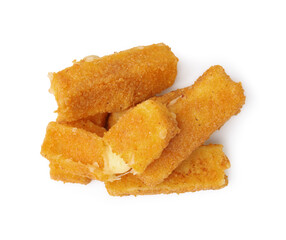 Pile of tasty fried mozzarella sticks isolated on white, top view