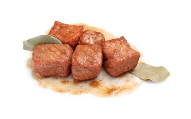 Pieces of delicious cooked beef and bay leaves isolated on white. Tasty goulash