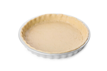 Making quiche. Tart pan with fresh dough isolated on white