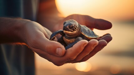 A person holding a small turtle in their hands.