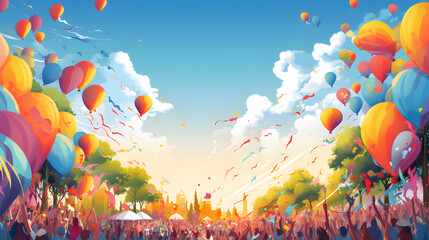 A lively and colorful background featuring summer festival elements, such as balloons, confetti, and joyful crowds - obrazy, fototapety, plakaty