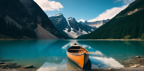 Canoe on Pristine Glacial Mountain Lake - obrazy, fototapety, plakaty
