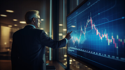 A businessman investor touching and analysing a graph of stock market showing growing sales - obrazy, fototapety, plakaty