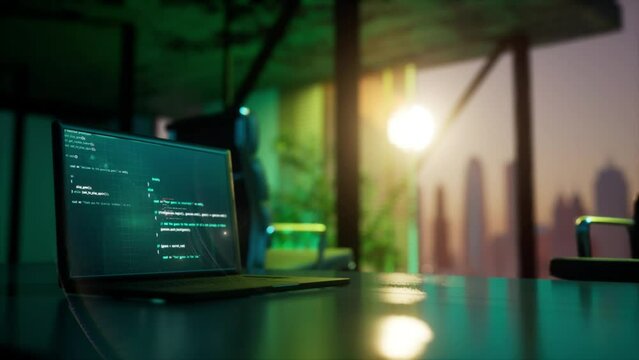 static 3d render animation with notebook laptop on table and sun going down in sunset behind smar city downtown. Screen programming software developing code