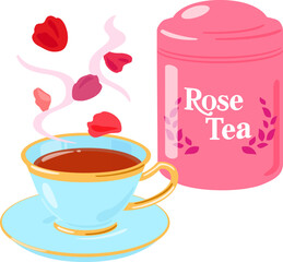 バラのフレーバーティーの缶とティーカップ