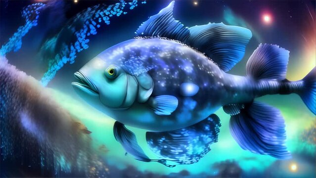 a blue fish swimming in a fantastical starry sky scattered with stars. It blurs the boundary between space and sea, conveying a connection between nature and the cosmos.